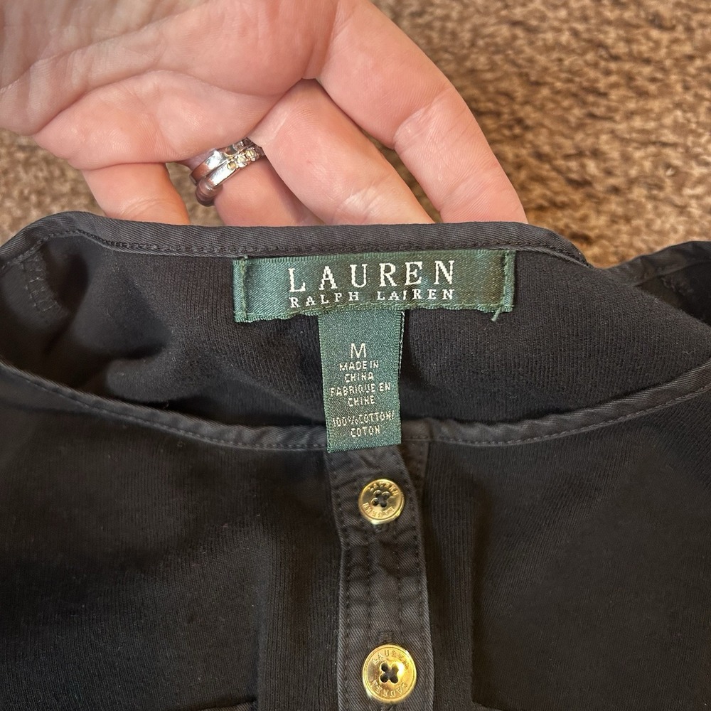 Lauren Ralph Lauren Black Cotton Henley Roll Tab Sleeve Top Gold Buttons Medium - Picture 4 of 6